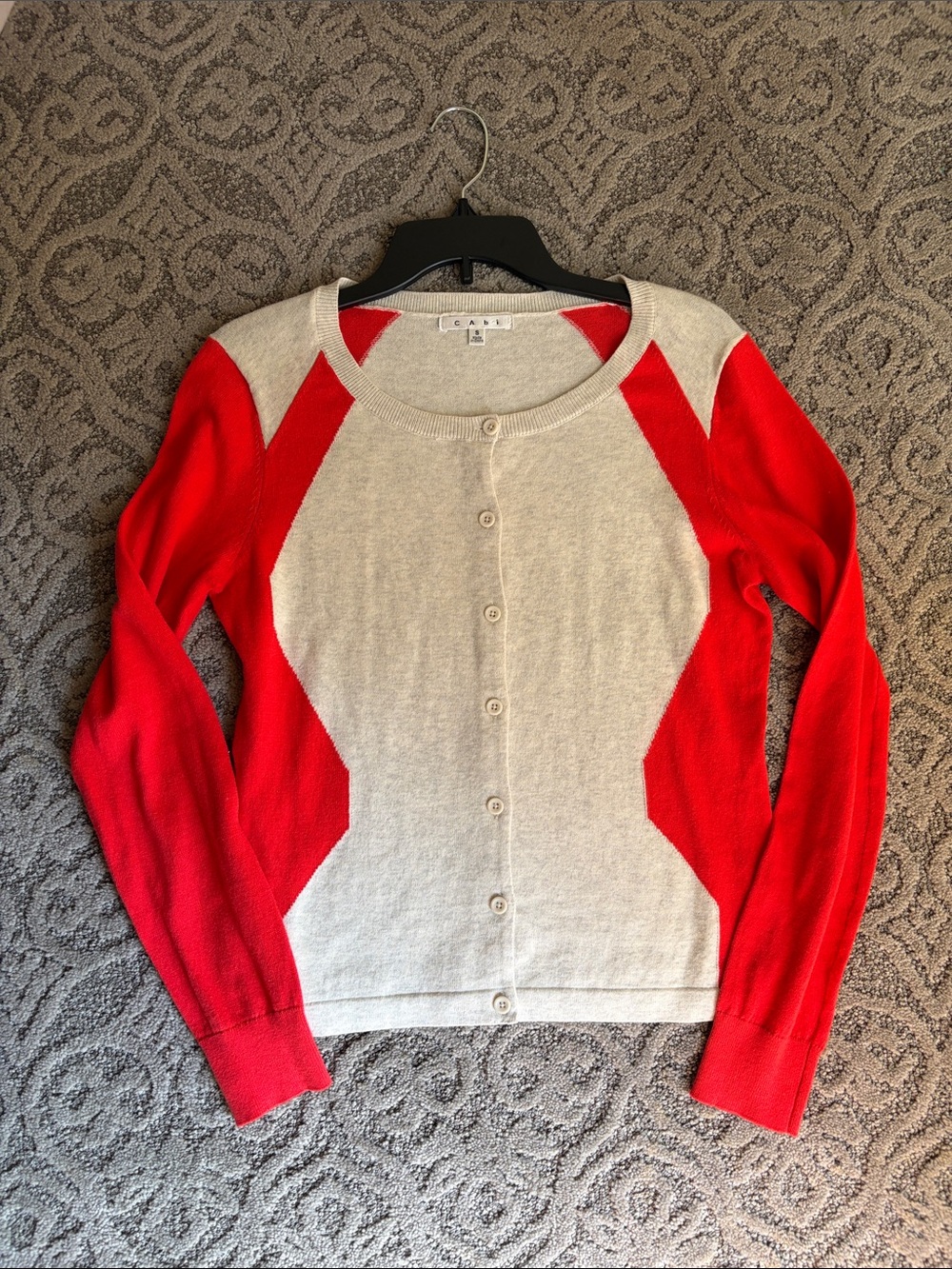 CAbi Red and Cream Button-Front Women's Cardigan